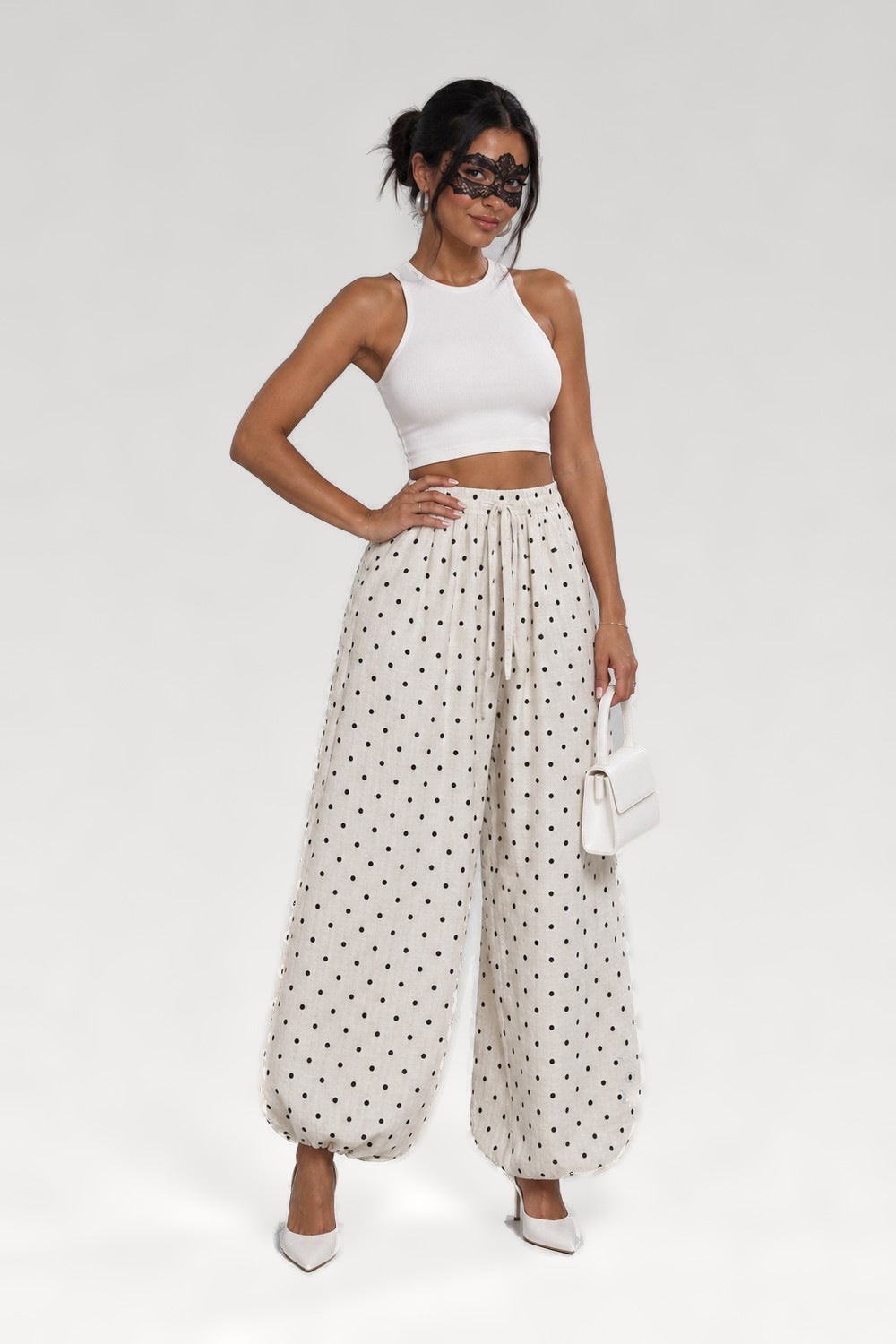 Pantalon large en lin à pois