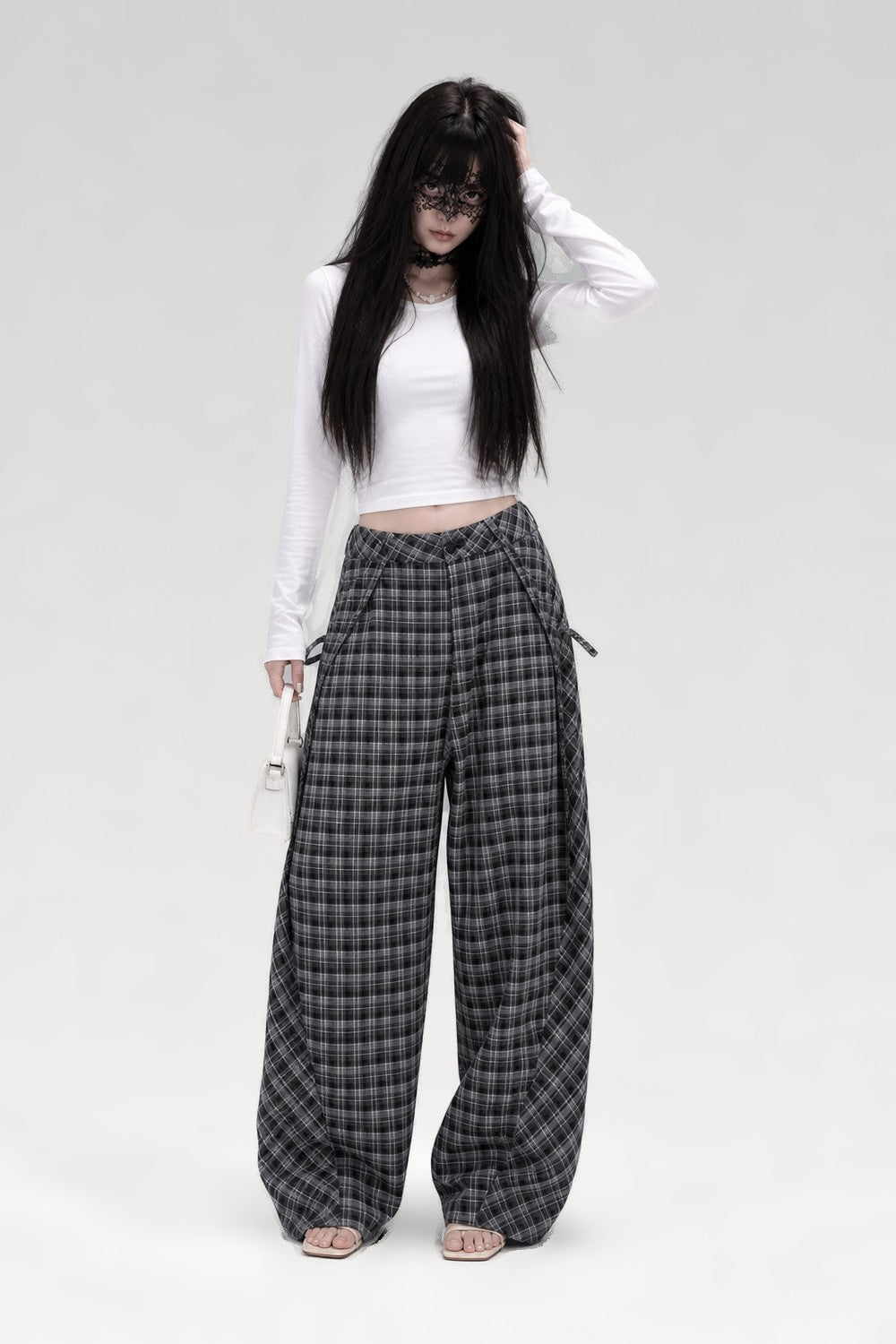 Pantalon large à carreaux rétro