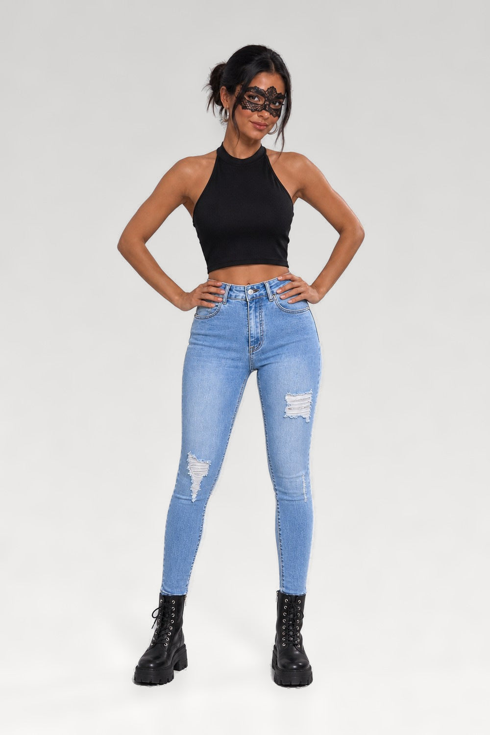 Jean skinny taille haute bleu délavé
