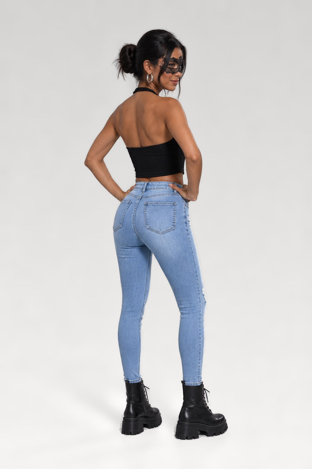 Jean skinny taille haute bleu délavé