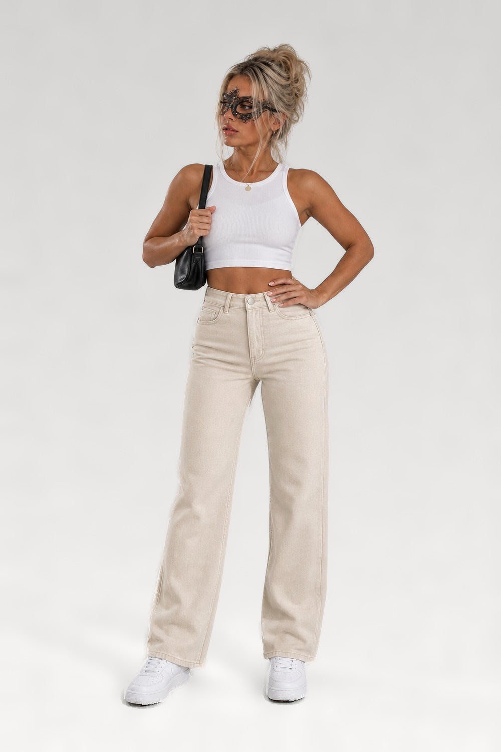 Jean droit taille haute beige