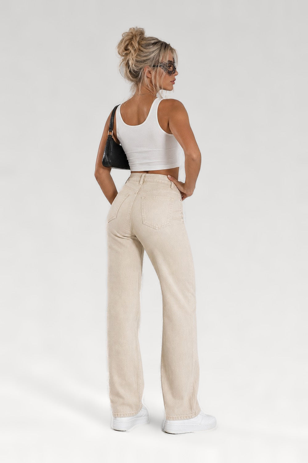 Jean droit taille haute beige